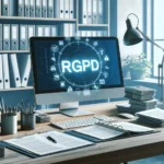 Bureau moderne avec ordinateur affichant 'RGPD', documents de recrutement et gestion des employés, soulignant la conformité au RGPD dans les RH.