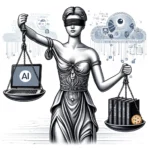 Illustration de la Justice tenant une balance avec l'IA et le droit RGPD pour représenter l'équilibre entre la technologie et la vie privée.
