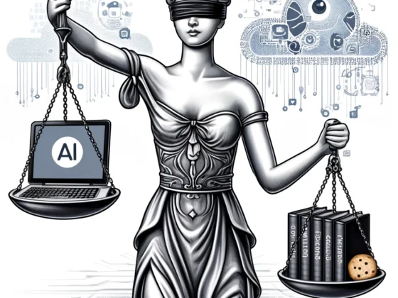 Illustration de la Justice tenant une balance avec l'IA et le droit RGPD pour représenter l'équilibre entre la technologie et la vie privée.